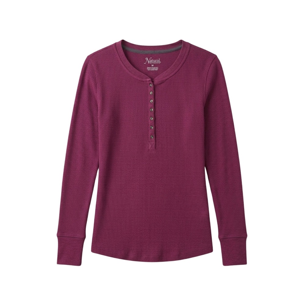 Natural Reflections Womens Medium Plum Purple Waffle Knit Henley Long Sleeve Top